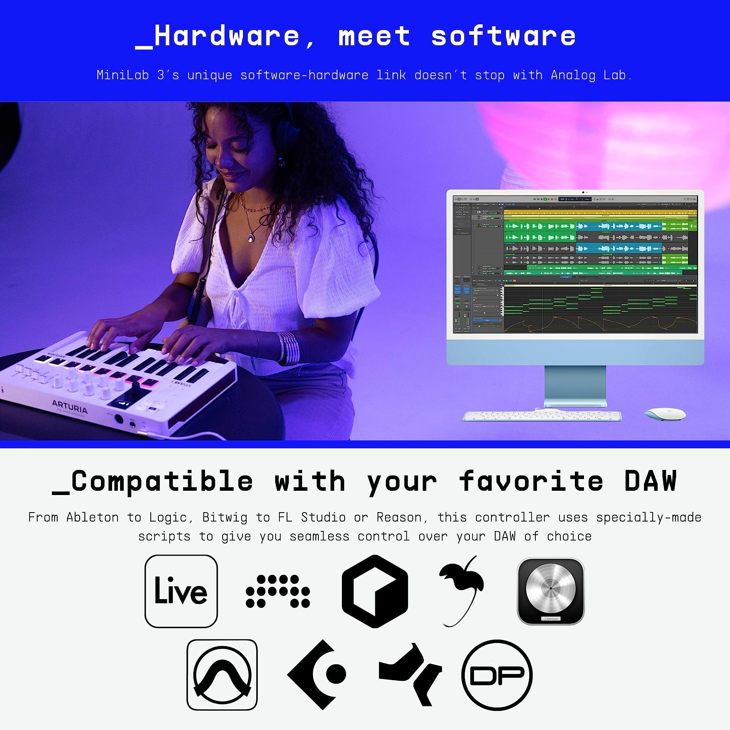 Arturia MiniLab 3, 25 Slim-Key USB-C Midi Controller with 5-Year Warranty, 8 Backlit LED Pads, 8 Knobs, 4 Faders, Midi Out, Built-in Arpeggiator, Chord mode and Software Bundle