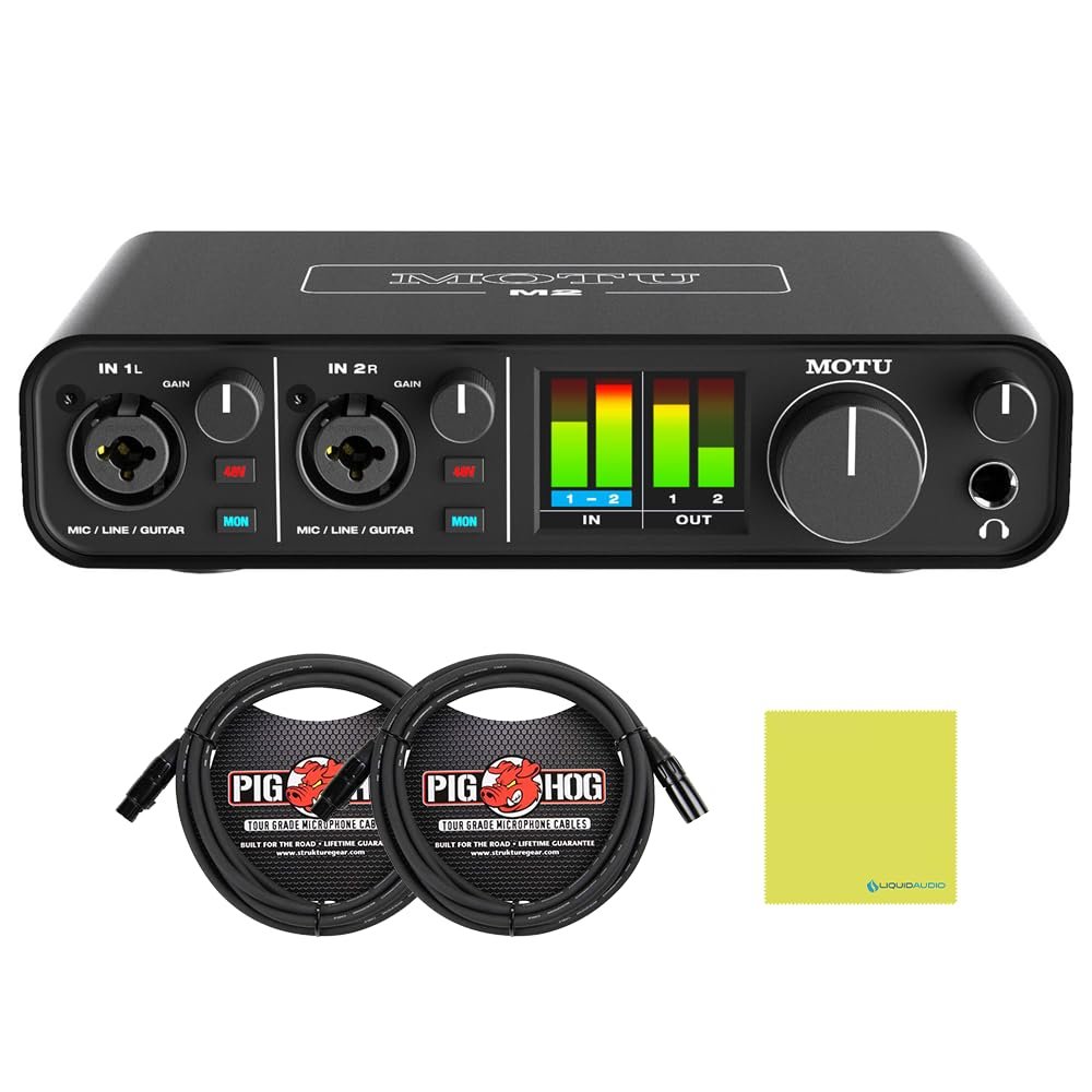 MOTU M2 USB-C Audio Interface Bundle with 2x Pig Hog 10ft XLR Tour Grade Microphone Cables & Polishing Cloth – 2x2 Interface with ESS Sabre32 Ultra DAC & Loopback for Streaming
