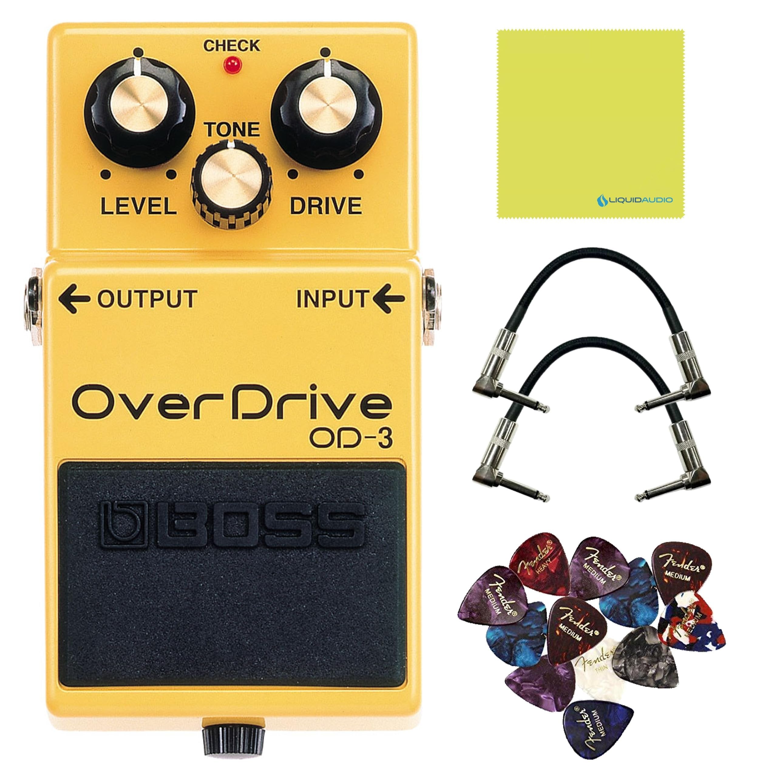Boss Overdrive Pedal OD-3 Bundle with 2 Right Angle Patch Cables, 12 Guitar Picks & Polishing Cloth – Natural Overdrive, Smooth Dynamics, Extended Sustain, Classic Tube Amp Tone