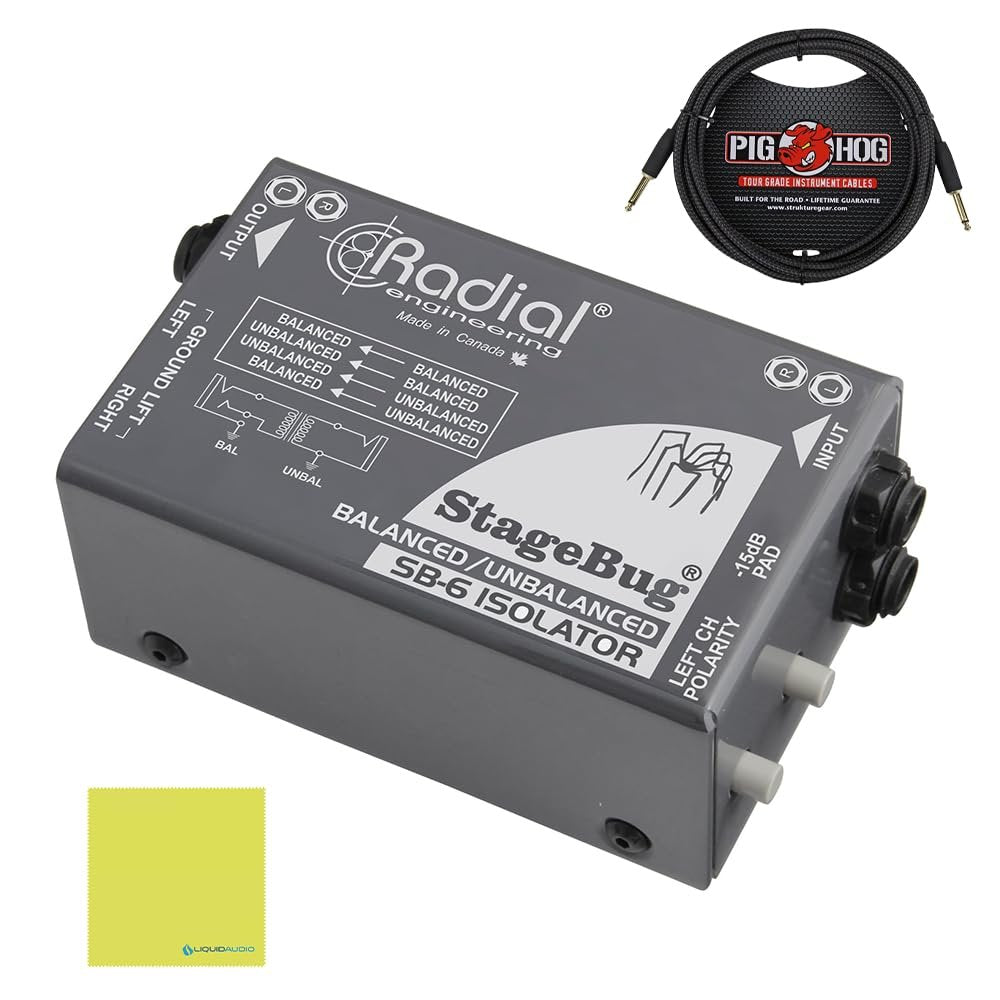 Radial Engineering StageBug SB-6 Passive Stereo Line Isolator Bundle w/Pig Hog PCH10BK "Black Woven" Instrument Cable and Liquid Audio Polishing Cloth