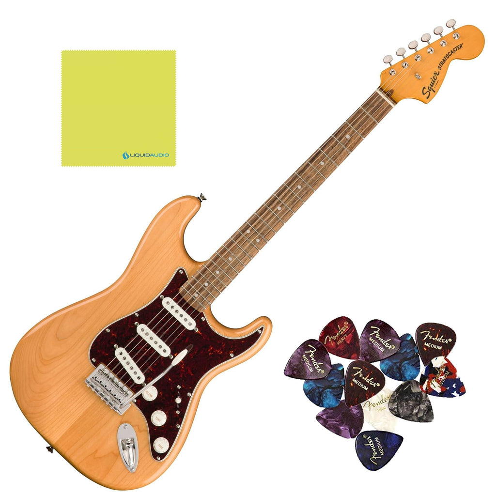 Squier Classic Vibe '70s Stratocaster, Indian Laurel Fingerboard, Natural - 0374020521 Bundle w/ 12-Pack Guitar Pick and Liquid Audio Polishing Cloth