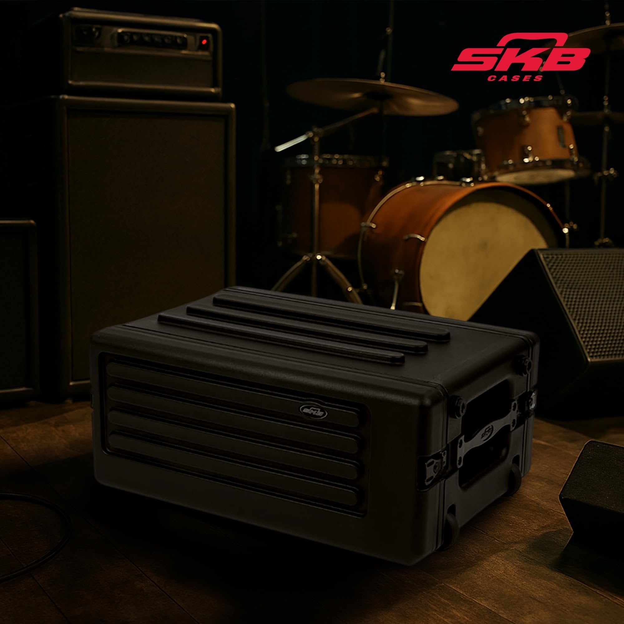 SKB 4U rSeries Shallow Rolling Rack with Integrated Back Wheels and 1-Touch Pull Handle, Comes with 8 Rack Units and Interlocking Molded Stacking Bars