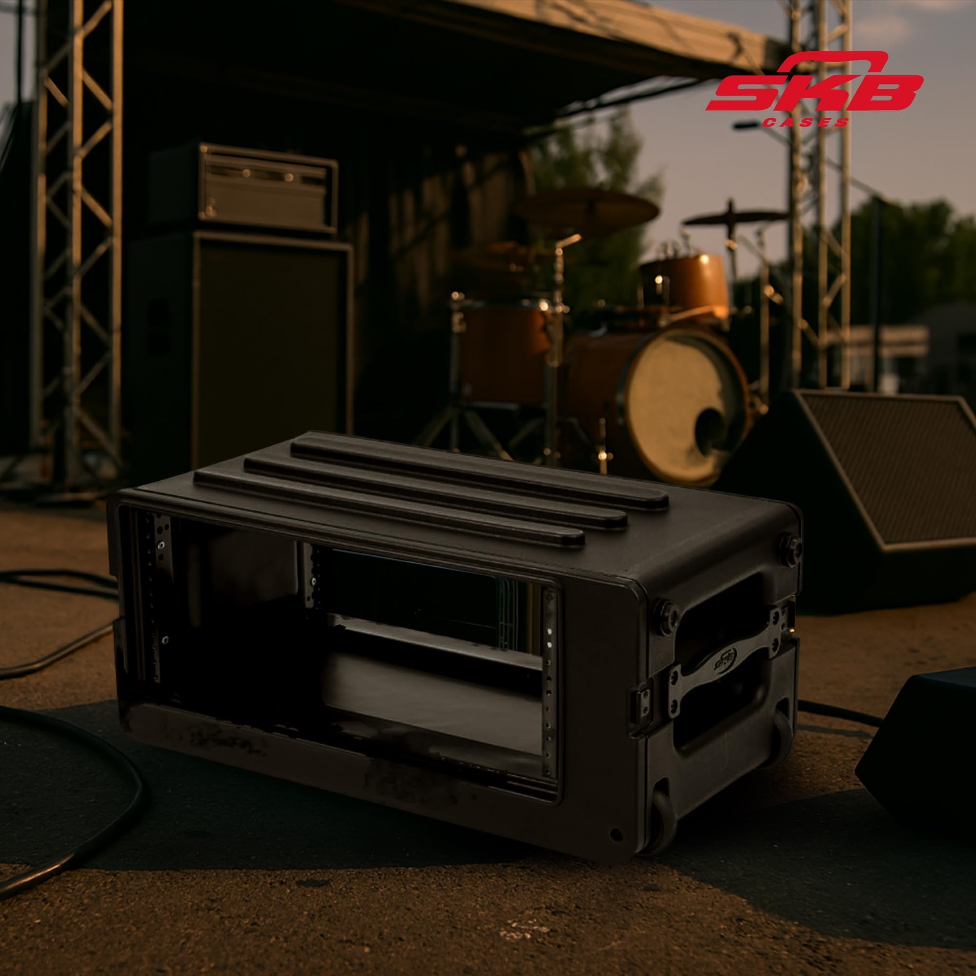 SKB 4U rSeries Shallow Rolling Rack with Integrated Back Wheels and 1-Touch Pull Handle, Comes with 8 Rack Units and Interlocking Molded Stacking Bars