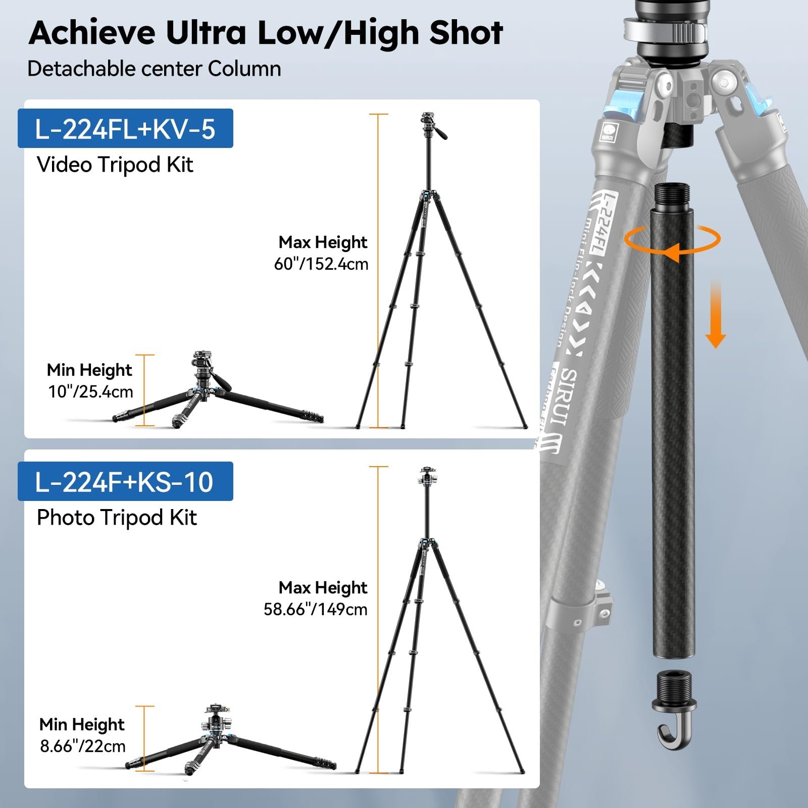 SIRUI Carbon Fiber Travel Tripod with Fluid Head, 60" Lightweight Compact Tripod for Cameras, Quick Mini Flip Locks, Reversible Center Column, Max Load 11lbs (L-224FL+KV-5)
