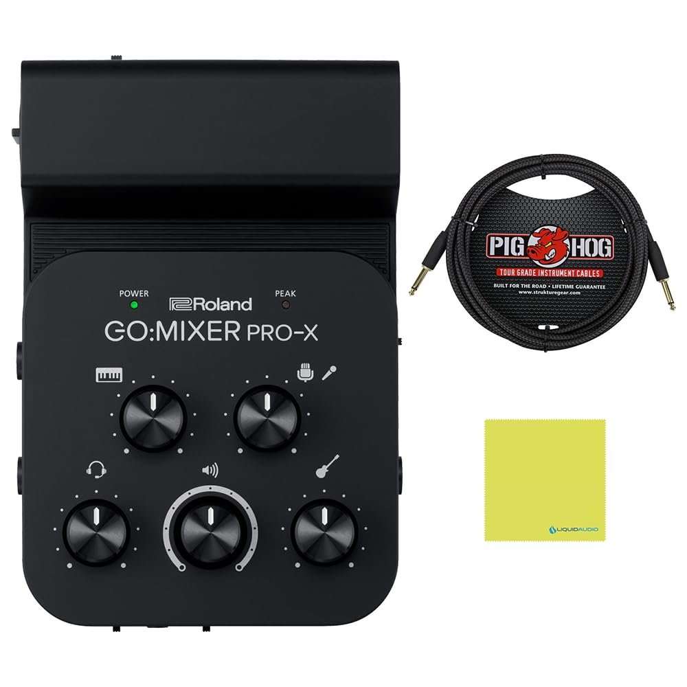 Roland GO:MIXER PRO-X Audio Mixer for Smartphones Bundle with 10ft Pig Hog Instrument Cable & Polishing Cloth – Mix up to 7 Audio Sources, Enhance Livestreams & Social Content with Pro Sound