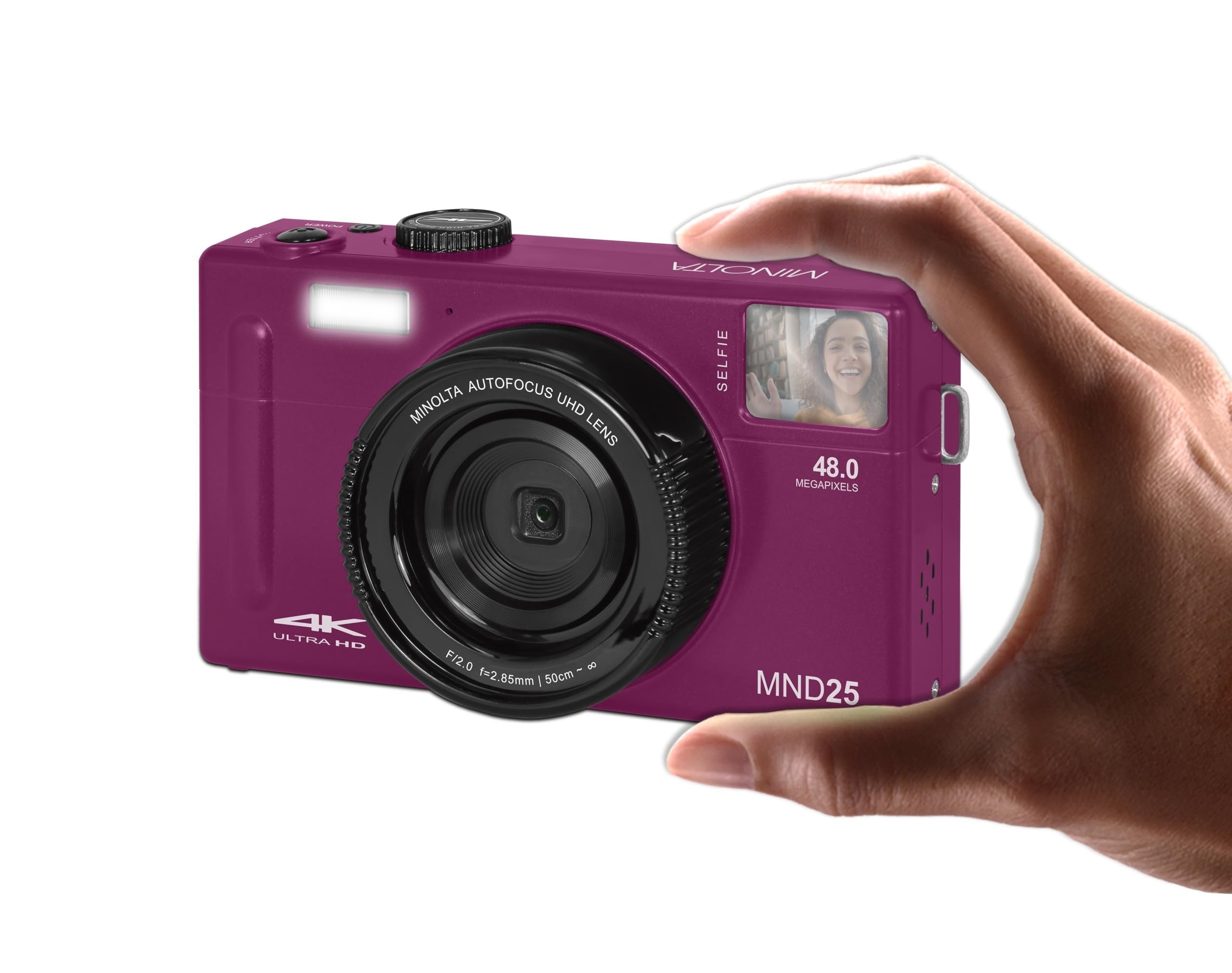 Minolta 48MP Autofocus Digital Camera with Selfie Mirror – 4K Ultra HD Video, 16x Digital Zoom, 3.0” LCD, Face Detection, Smile Capture, Scene Modes, Rechargeable Battery, Memory Card (Magenta)