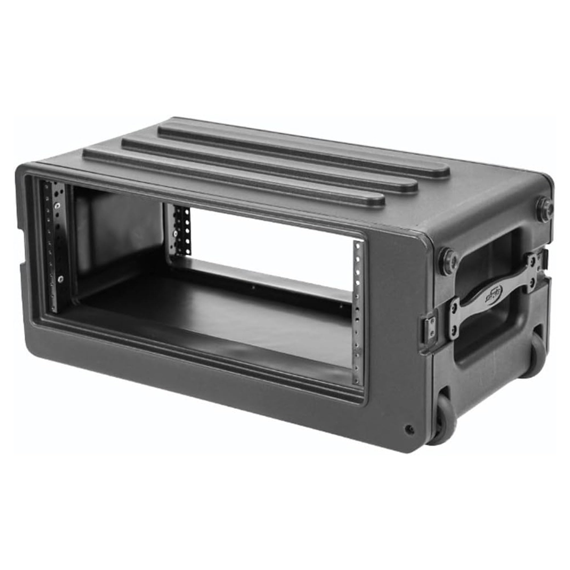 SKB 4U rSeries Shallow Rolling Rack with Integrated Back Wheels and 1-Touch Pull Handle, Comes with 8 Rack Units and Interlocking Molded Stacking Bars