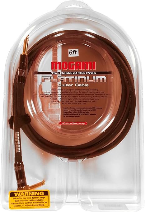Mogami Platinum Guitar Instrument Cable, 1/4" TS Male Plugs, Gold Contacts, Right Angle to Straight Connectors