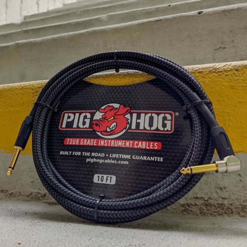 Pig Hog PCH10BKR 1/4" Right-Angle to 1/4" Black Woven Guitar Instrument Cable, 10 Feet