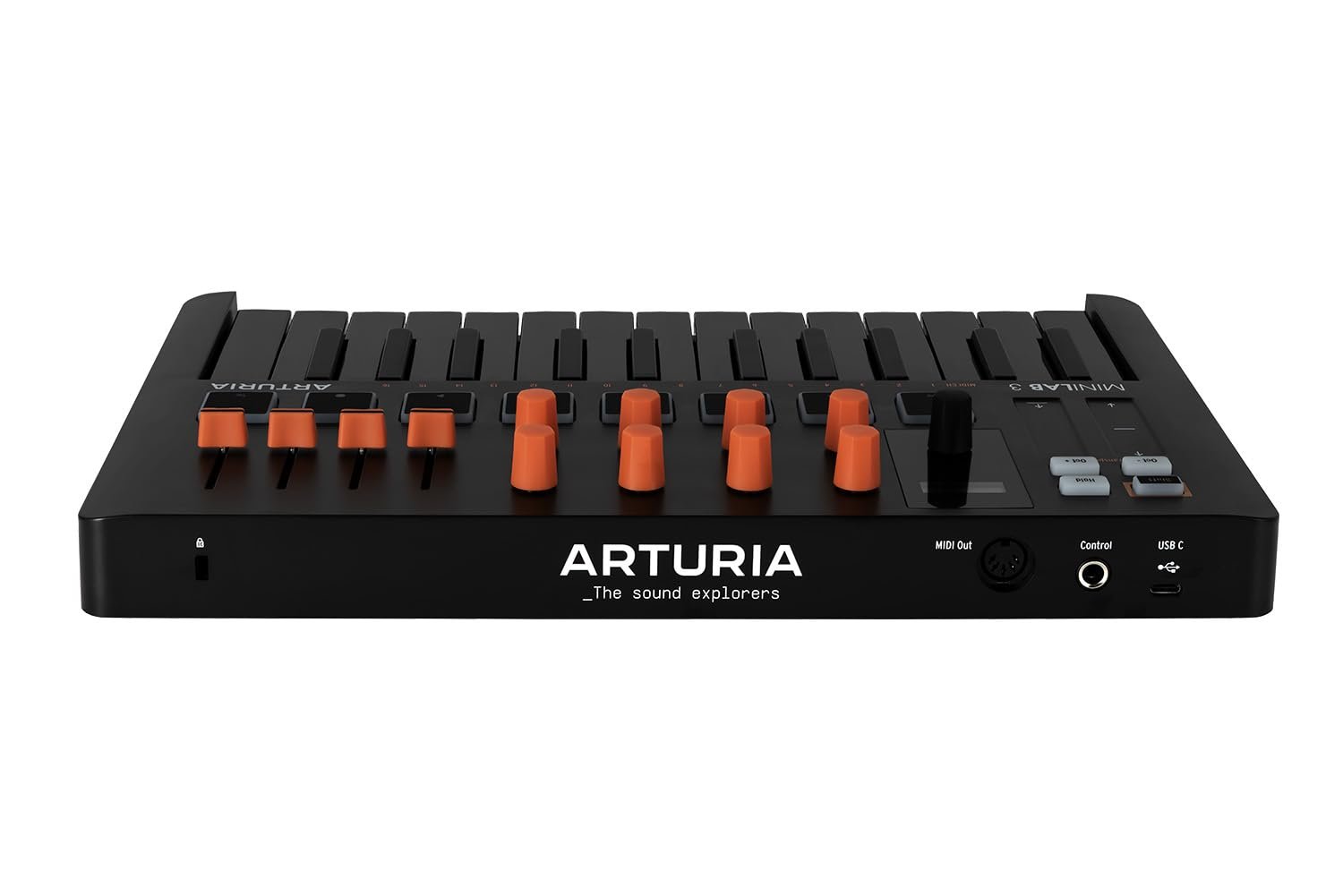 Arturia MiniLab 3, 25 Slim-Key USB-C Midi Controller with 5-Year Warranty, 8 Backlit LED Pads, 8 Knobs, 4 Faders, Midi Out, Built-in Arpeggiator, Chord mode and Software Bundle