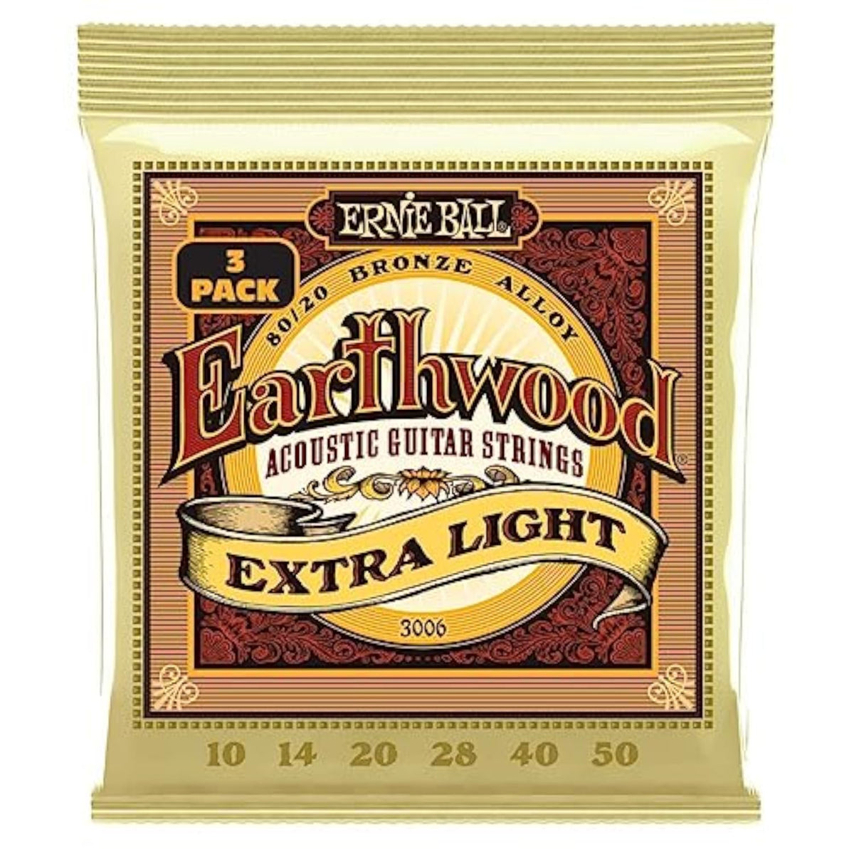 Ernie Ball Earthwood Extra Light 80/20 Bronze Acoustic Guitar Strings 3-pack, 10-50 Gauge (P03006)