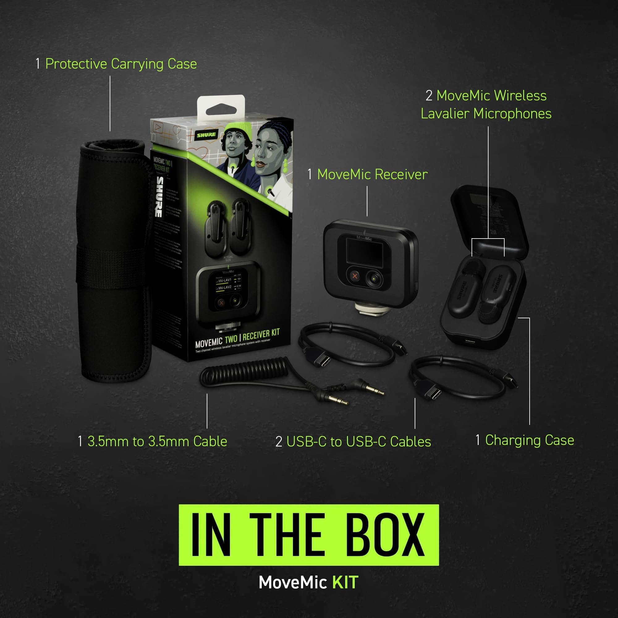 Shure MoveMic Two Kit - Pro Wireless Lavalier Microphones with Camera Receiver for DSLRs, iPhone, Android, Mac & PC, 2 Bluetooth Mini Mics, 24 Hours Charge, IPX4, Portable Clip Lavs (MV-Two-KIT-Z7)