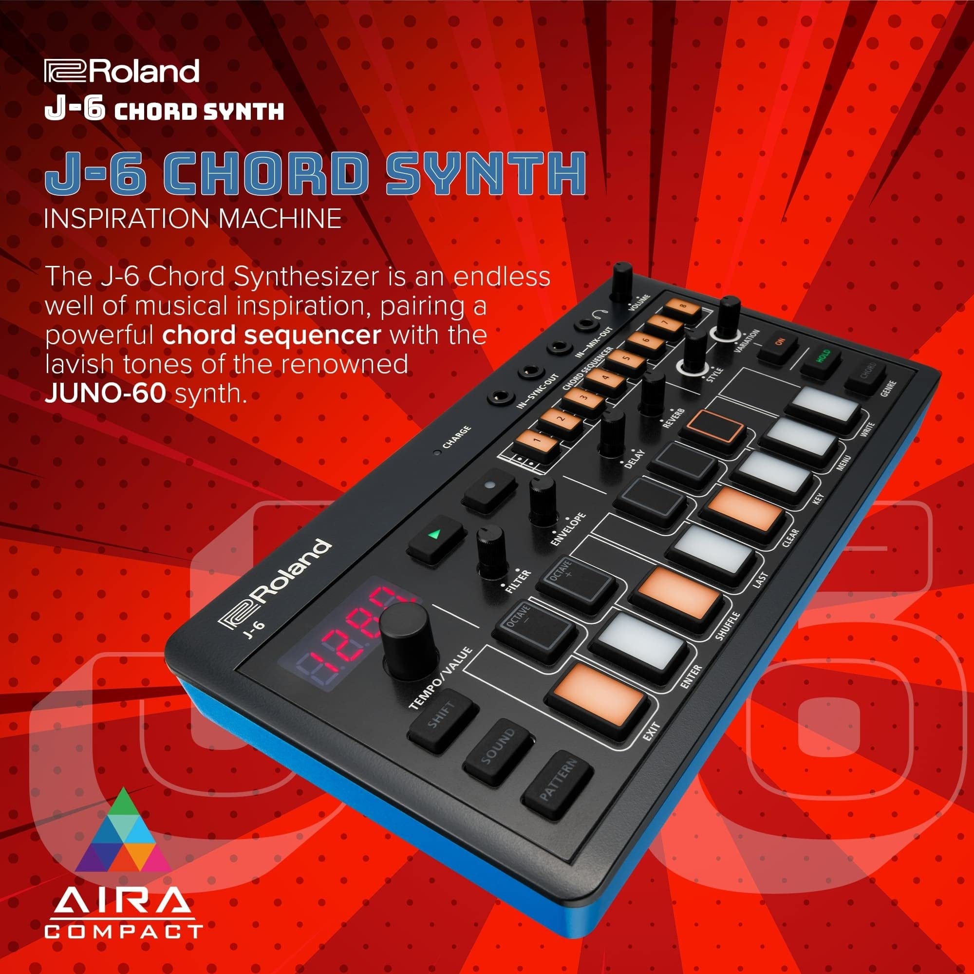 ROLAND AIRA Compact J-6 CHORD SYNTH | Portable song creation machine with professional Roland sound and features | JUNO-60 Synth Engine & Presets | Chord Sequencer | Effects,Black