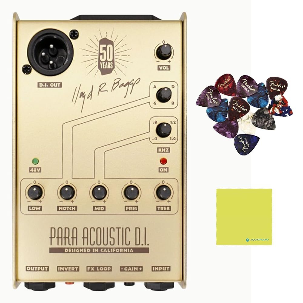 LR Baggs para DI Acoustic Guitar Preamp – Gold Bundle with 12 Guitar Picks & Polishing Cloth – 5-Band EQ, Notch Filter, DI Out, Phase Inversion, FX Loop, 50th Anniversary Edition