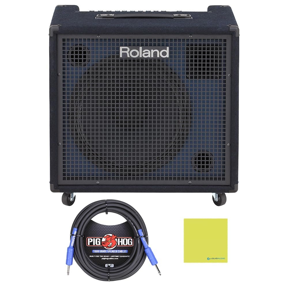 Roland KC-600 4-Channel Stereo Mixing Keyboard Amplifier Bundle with 25ft Pig Hog 9.2mm Speaker Cable & Polishing Cloth – 200-Watt Power, 15" Woofer, Versatile Inputs, Stage-Ready Performance