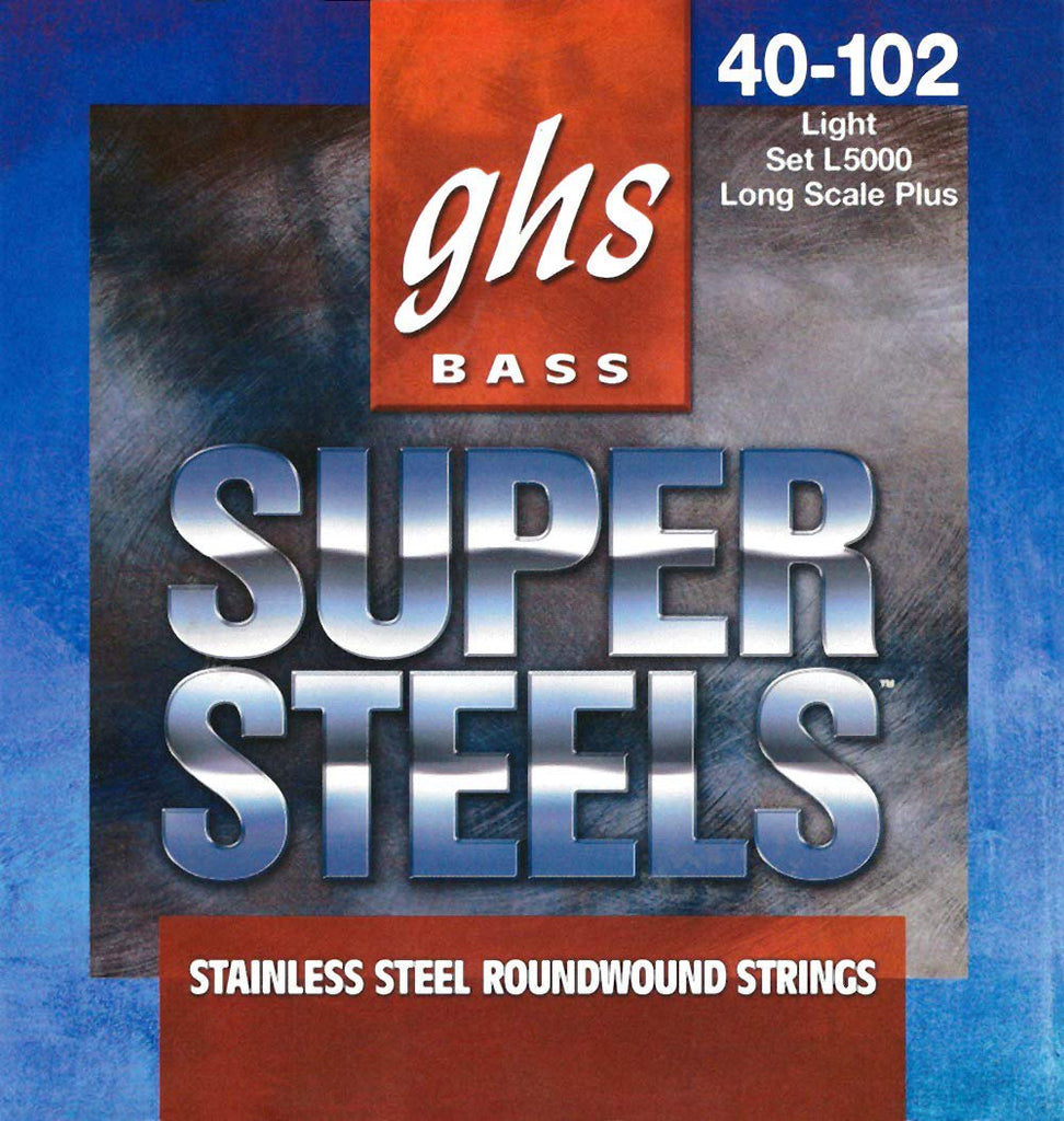 GHS Strings 4 Super Steels, Stainless Steel Bass Strings, Long Scale Plus, Light (.040.102) (L5000)