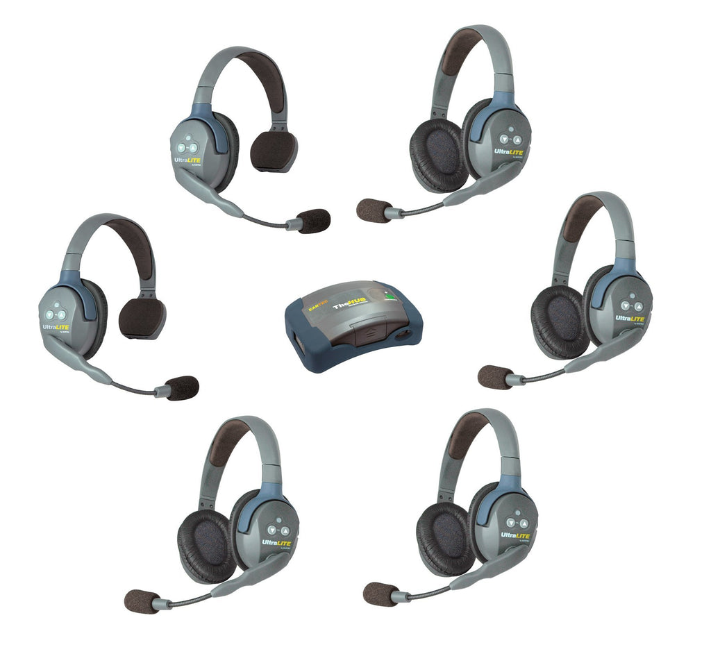 Eartec HUB624 UltraLITE Wireless System 2 Way Radio License-Free for 6 Users - 1 HUB Full Duplex Transceiver Base Station, 2-Pack of ULSR Single-Ear DECT Headset, 4-Pack ULDR Dual Ear Remote Headsets
