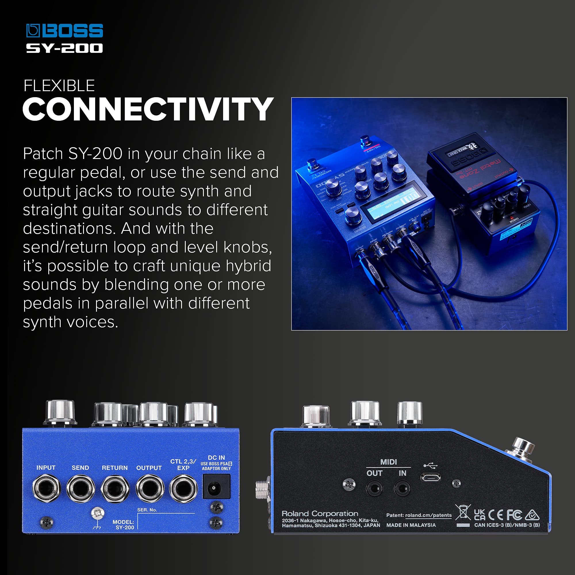 BOSS SY-200 SYNTHESIZER EFFECTS PEDAL – Advanced BOSS Polyphonic Guitar Synth Technology in a Streamlined 200 Series Pedal for any Guitar or Bass – Full MIDI I/O – 128 Memories – 171 Synth Sounds