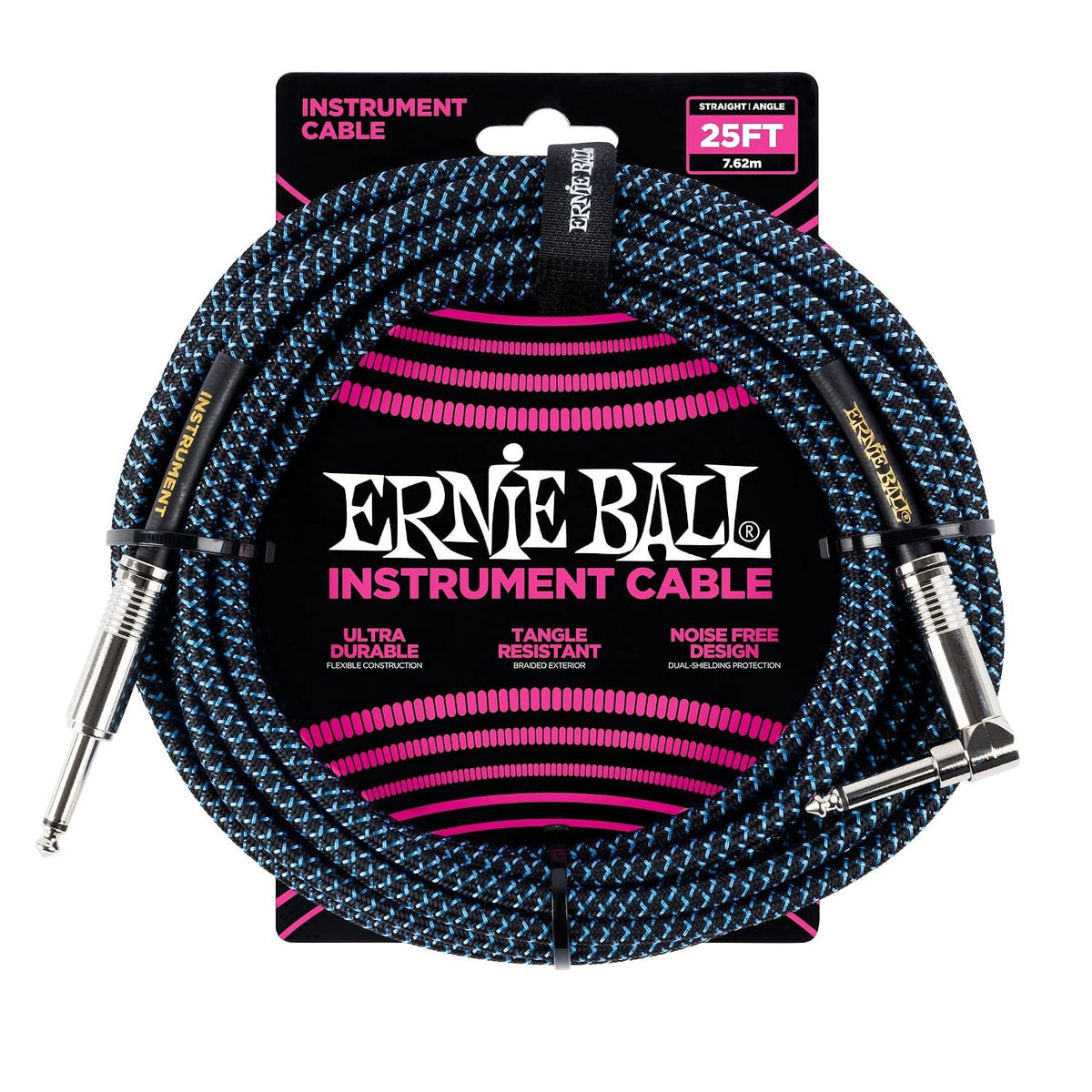 Ernie Ball Braided Instrument Cable, Straight/Angle, 25ft, Blue/Black (P06060)