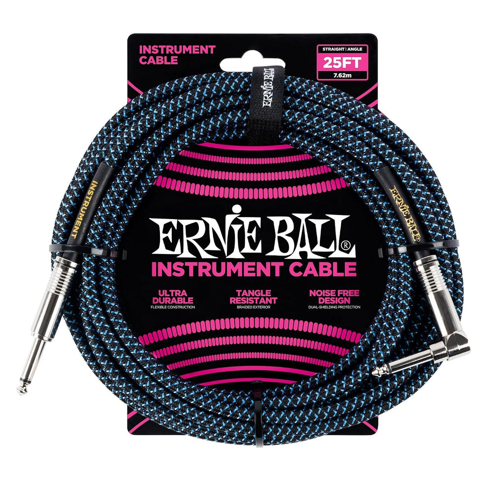 Ernie Ball Braided Instrument Cable, Straight/Angle, 25ft, Blue/Black (P06060)